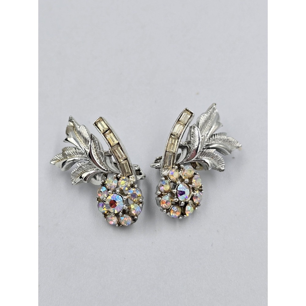 Vintage Coro Mid-Century Silver Tone AB Rhinestone Floral Leaf Clip-On Earrings